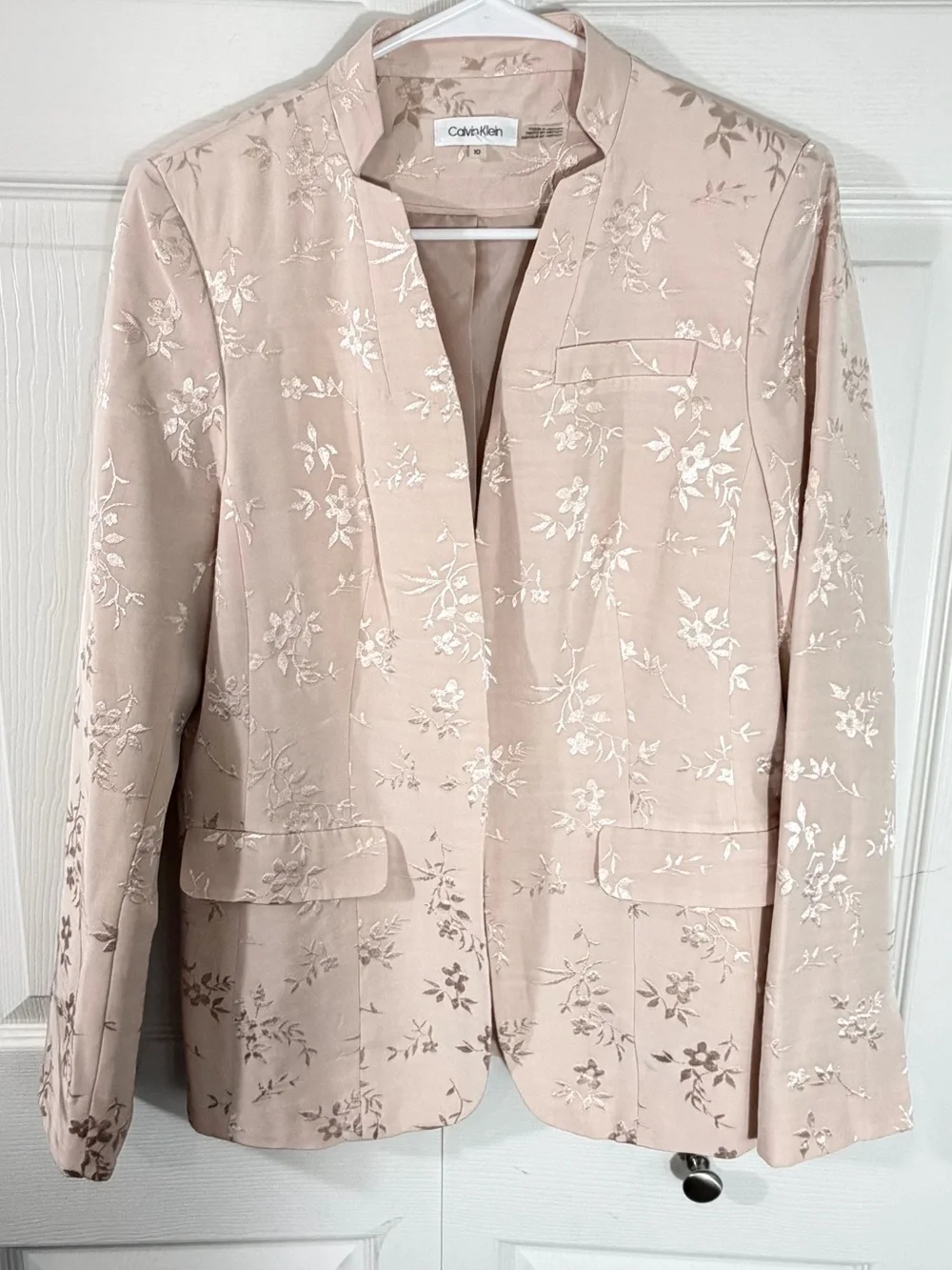 Calvin Klein Floral Jacquard Open Front Blazer Blush Womens 10 Elegant Chic